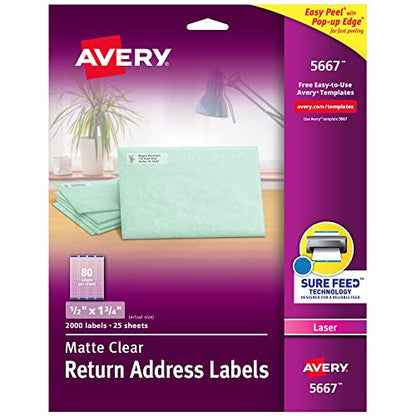 Avery Printable Return Address Labels with Sure Feed, 0.5" x 1.75", Matte Clear, 2,000 Blank Mailing Labels (05667) - size: 1/2 inch × 1-3/4 inch (Single Pack), style: 2,000 labels