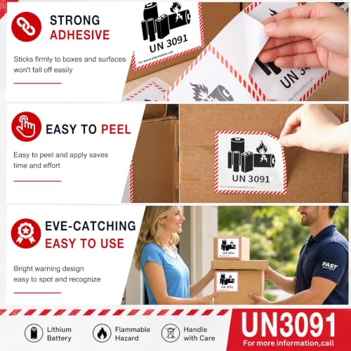 Dunzoom 100 Pcs UN3091 Lithium Ion Battery Caution Labels 4.7" x 4.3" - color: Un3091, size: 4.7" X 4.3"