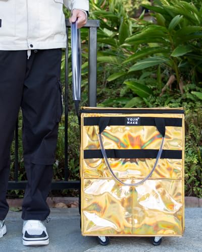 Reusable Grocery Bag with Wheels, Medium Glitter Gold Rolling Tote - color: Glitter Gold, size: Medium