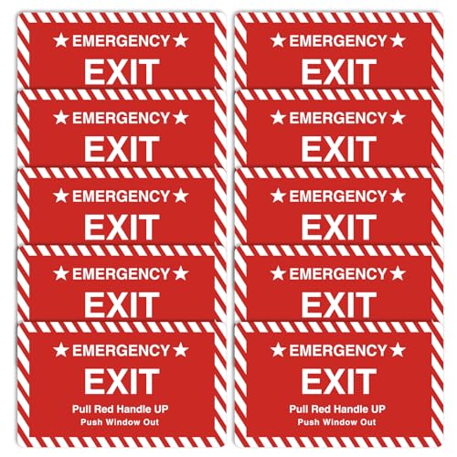 10 Pack 3X4" Car Vehicle School Bus Train Red Hanle Emergency Exit Notice Warning Caution Signs Decal Sticker-Pull Red Handle Up,Push Window Out red