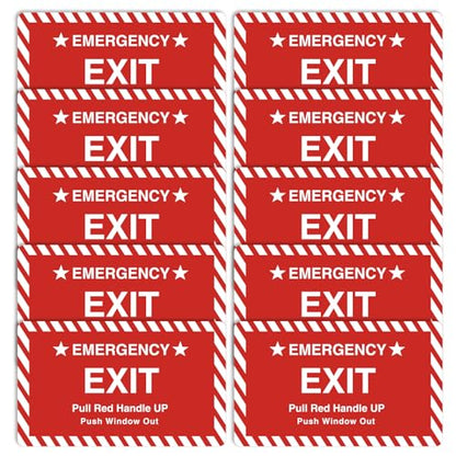 10 Pack 3X4" Car Vehicle School Bus Train Red Hanle Emergency Exit Notice Warning Caution Signs Decal Sticker-Pull Red Handle Up,Push Window Out red