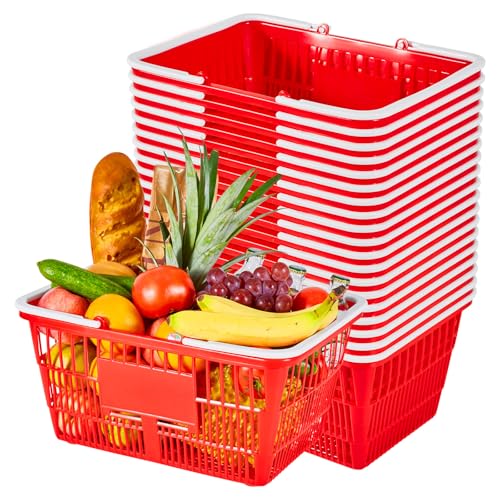 VEVOR Shopping Baskets, 20 PCS, 21L Stackable PE Plastic Grocery Baskets with Handles, Dense Mesh Structure, Holds up to 20 lbs, Portable for Grocery, Retail, Stores, Supermarket, Home Use, Red - style: Plastic+Metal Red (20 PCS)