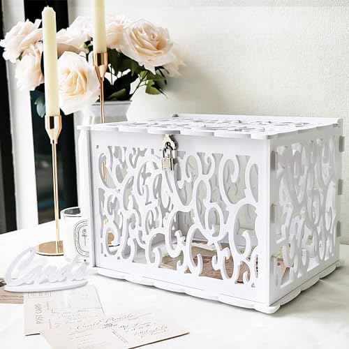 Hollow Wedding Card Box with Lock, White Gift Card Box for Reception - color: White