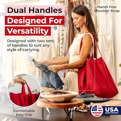 VeraMia Canvas Grocery Bag 3pc XL Set with Real Pockets, Long Shoulder Strap and Short Handle. Heavy Duty, Foldable, Washable - color: Cranberry
