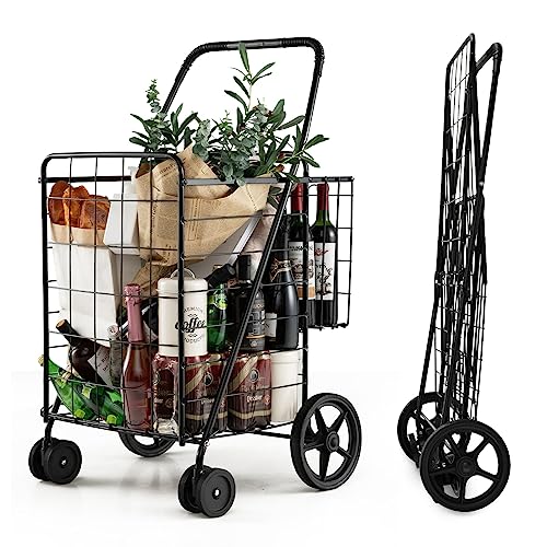 HOMGX Flat Folding Shopping Cart, 130 LBS Heavy Duty Utility Cart W/ 360° Swivel Front Wheels, 24" x 23" x 40" Foldable Grocery Cart for Laundry, Shopping, Groceries - color: Black