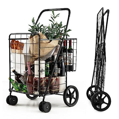 HOMGX Flat Folding Shopping Cart, 130 LBS Heavy Duty Utility Cart W/ 360° Swivel Front Wheels, 24" x 23" x 40" Foldable Grocery Cart for Laundry, Shopping, Groceries - color: Black