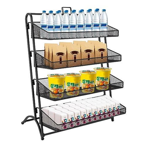 4-Tier Retail Candy Display Rack with Baskets, Metal Snack Organizer, Black, Iron, Modern, 16.14 x 9.84 x 20.27 inches, Countertop, Stable Structure, Retail Store Display