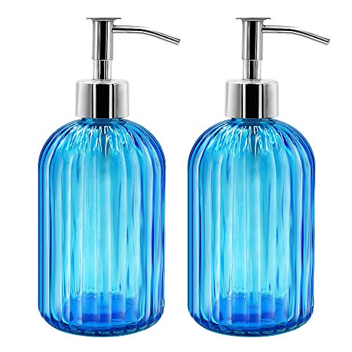 2 Pack Blue Glass Soap Dispenser Bottle with Pump, 14 Oz Refillable Liquid Hand Jar Dispenser for Bathroom, Countertop, Kitchen, Laundry Room - color: Blue