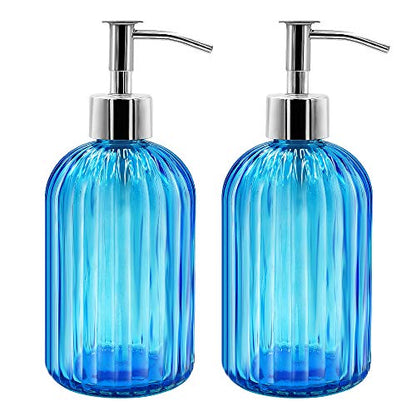 2 Pack Blue Glass Soap Dispenser Bottle with Pump, 14 Oz Refillable Liquid Hand Jar Dispenser for Bathroom, Countertop, Kitchen, Laundry Room - color: Blue