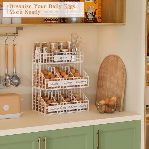keomaisyto Egg Holder Countertop with 5 Dividers & DIY Nameplate - color: White, size: 3-Tier X-Large