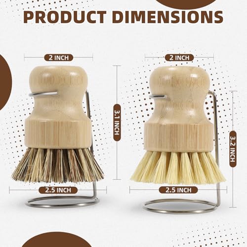 SAMEBUTECO 4 Packs Bamboo Dish Brush Set with 2 Metal Dry Holder