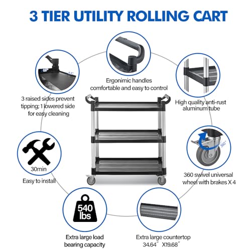 Utility Rolling Carts with Wheels, Large Plastic Service Carts, Heavy Duty Restaurant Cart with 4 Brake Lockable Wheels for Kitchen/Office/Warehouse (3 Tier-40.1×19.7×38.1inches/540lbs) - size: 3 Tier - 40.1×19.7×38.1inches / 540lbs