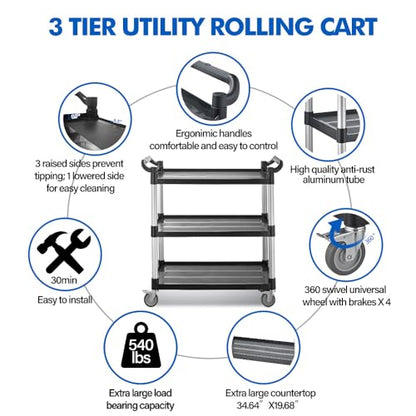 Utility Rolling Carts with Wheels, Large Plastic Service Carts, Heavy Duty Restaurant Cart with 4 Brake Lockable Wheels for Kitchen/Office/Warehouse (3 Tier-40.1×19.7×38.1inches/540lbs) - size: 3 Tier - 40.1×19.7×38.1inches / 540lbs