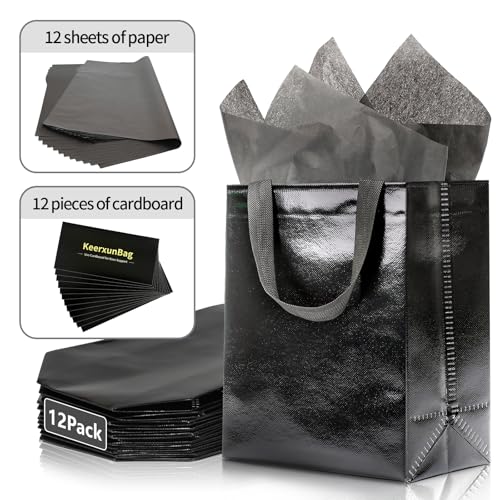 KeerxunBag Black Gift Bags - 12pk - Reusable - With Inner Liner Paper - color: black out