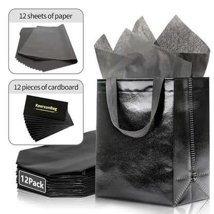 KeerxunBag Black Gift Bags - 12pk - Reusable - With Inner Liner Paper - color: black out