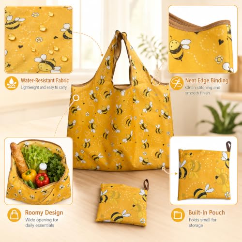 Reusable Shopping Bag, 16 x 16 inch Large Foldable Grocery Hand Tote, Shoulder Waterproof Portable Pocket - color: Yellow Bee
