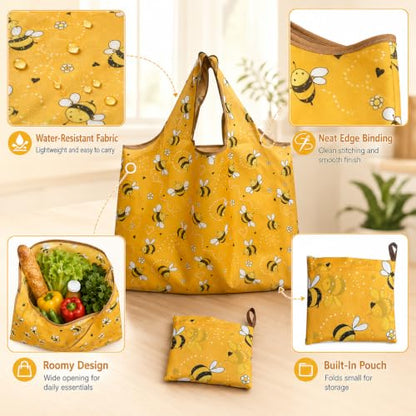 Reusable Shopping Bag, 16 x 16 inch Large Foldable Grocery Hand Tote, Shoulder Waterproof Portable Pocket - color: Yellow Bee