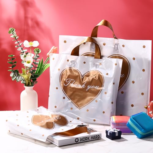 Abbylike 300 Pcs Thank You Bags with Handles, 3 Size Plastic,Gold, White - color: Gold, White