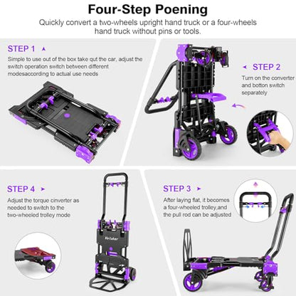 2-in-1 Foldable Hand Truck Dolly,330lb Cart Retractable,4 & 2 Wheel,Purple - color: Purple, size: 330lbs