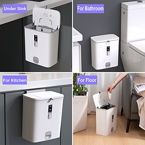 Sooyee Trash Can with Lid,2.4 Gallon Small Trash Can,Hanging or Standing Plastic Compost Bin for Cupboard/Bedroom/Office/Camping/Kitchen/Bathroom,Waste Basket,White
