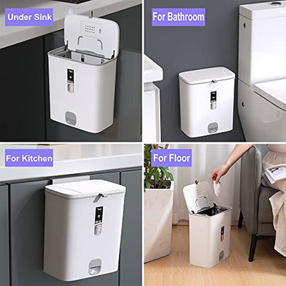 Sooyee Trash Can with Lid,2.4 Gallon Small Trash Can,Hanging or Standing Plastic Compost Bin for Cupboard/Bedroom/Office/Camping/Kitchen/Bathroom,Waste Basket,White