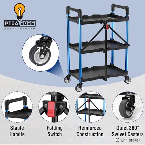 WORKPRO 3-Tier Collapsible Utility Cart, 210 LBS Cart with Wheels - color: Black/Glossy Blue