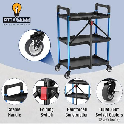 WORKPRO 3-Tier Collapsible Utility Cart, 210 LBS Cart with Wheels - color: Black/Glossy Blue