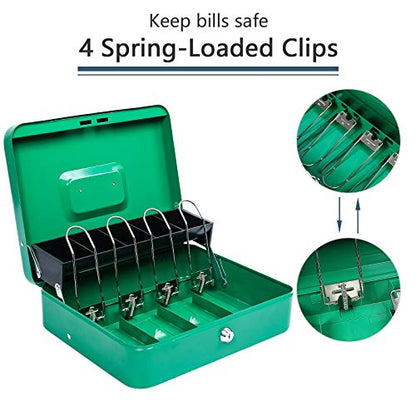 KYODOLED Locking Cash Box with Lock,Money Box with Cash Tray,Lock Safe Box with Key,Money Saving Organizer,11.81Lx 9.45Wx 3.54H Inches,Green XL Large - color: Green