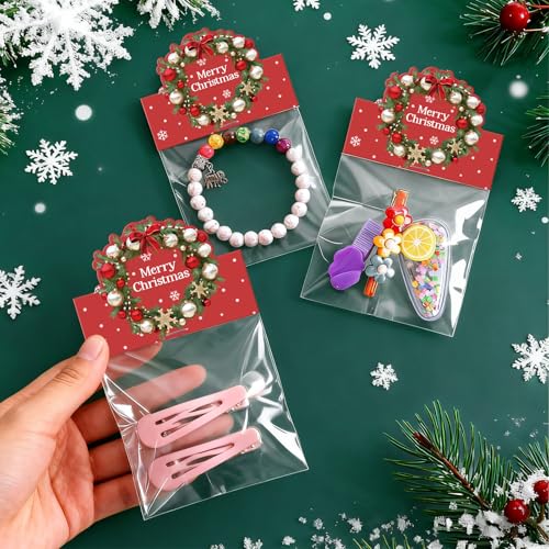 joycraft Jewelry Packaging for Small Business – 100Pcs OPP Clear Xmas Treat Bags with Merry Christmas Wreath Cards, Christmas Jewerly Display Bags Packaging for Selling, Party Favors, Holiday - color: Red with Garland
