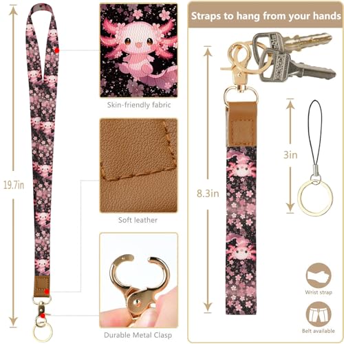 bolimoss Axolot ID Badge Holder & Lanyard Wallet 2-in-1Cute Sakura Womens Small Wallet with Removable Wristlet & Neck Lanyard, Clear Window, 5 Card Slots, Side Zipper Pocket, Ring Keychain - color: Cherry Blossom Axolot