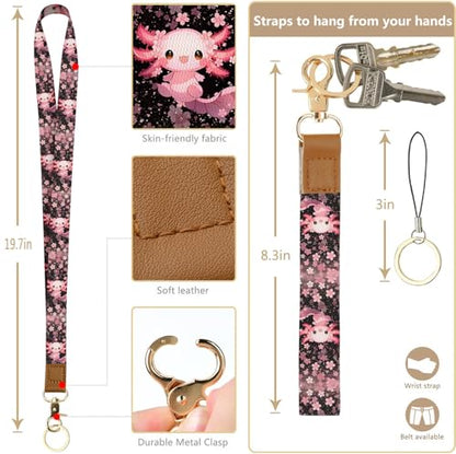 bolimoss Axolot ID Badge Holder & Lanyard Wallet 2-in-1Cute Sakura Womens Small Wallet with Removable Wristlet & Neck Lanyard, Clear Window, 5 Card Slots, Side Zipper Pocket, Ring Keychain - color: Cherry Blossom Axolot