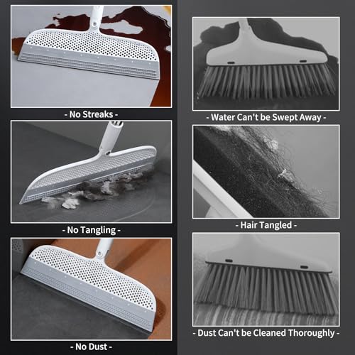 Floor Squeegee Broom for Pet Hair Removal, Silicone Rubber Blade with 51.77" Detachable Handle, 11.8" Wide Head, 180° Swivel for Hardwood, Tile, Low-Pile Carpet, Wet Room Floors & Liquid Spills
