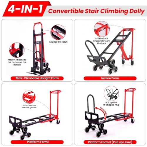 Professional Heavy Duty 1000LBS Stair Climbing Dolly, 4-in-1 Convertible Hand Truck, Upgraded Foldable Utility Moving Cart with Solid Wheels for Warehouse, Office & Home (Red) - color: Red