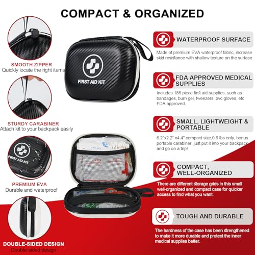 Small First Aid Kit - 185 Pieces Waterproof Emergency Kit for Home, Car, Travel, Camping, Hiking & Outdoor - Portable Hard Case Survival Kit with Premium Supplies(Black/White) - size: S-185Piece