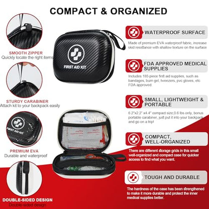 Small First Aid Kit - 185 Pieces Waterproof Emergency Kit for Home, Car, Travel, Camping, Hiking & Outdoor - Portable Hard Case Survival Kit with Premium Supplies(Black/White) - size: S-185Piece