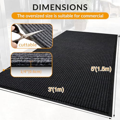 3x5 FT Non-Slip Dirt Trapping Door Mat with Rubber Backing(Jet Black) - color: Jet Black, size: 3' x 5' (Rectangular)