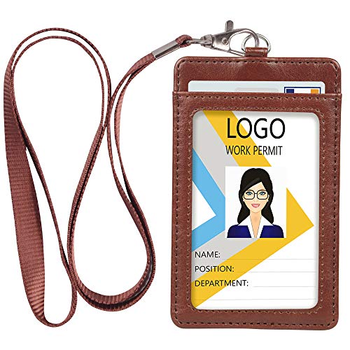 Teskyer Leather ID Badge Holder with Lanyard, Vertical Brown - color: Brown, size: Vertical