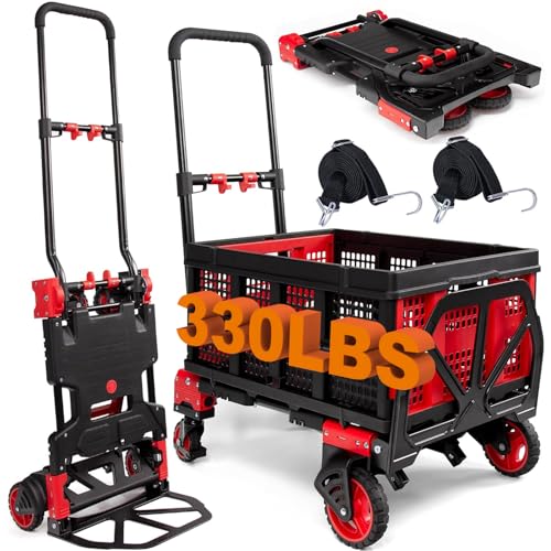 2-in-1 Folding Hand Truck with Folding Basket,Hand Truck with Retractable Handle, 330LBS Capacity Heavy Duty Hand Dolly, Dolly Cart with Wheels for Luggage/Moving/Travel - color: Red-a