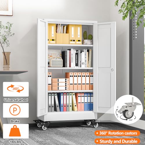pozdeg 45.6" White Lockable Rolling Metal Garage Storage Cabinet - color: White, size: 11.8"D x 23.7"W x 45.6"H