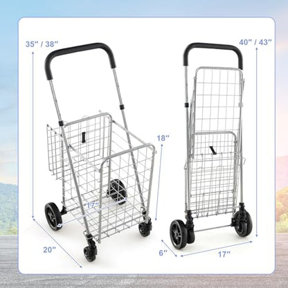 Goplus Folding Shopping Utility Cart, Double Basket and 360° Swivel Wheels, Adjustable Handle, Small Cart Perfect for Grocery Laundry Book Luggage Travel - color: Silver