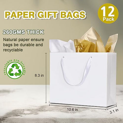 Plauthus 10.6" White Gift Bags, 12-Pack with Tissue Paper, Ribbon Handles - color: white-12-medium
