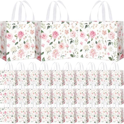 Abbylike 30 Pcs Pink Flower Gift Bags Bulk Reusable Tote Bags Bulk - style: Pink Flower