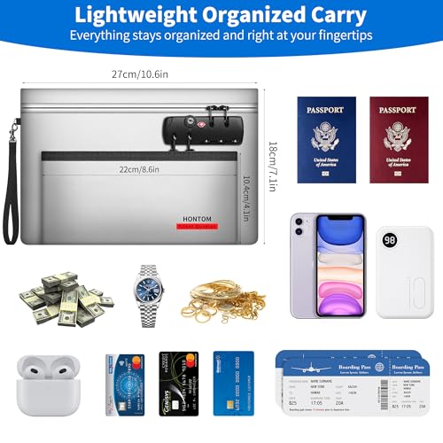 Hontom Double Layer Fireproof Money Bag for Cash with Lock & Hidden Zipper - color: Silver
