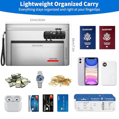 Hontom Double Layer Fireproof Money Bag for Cash with Lock & Hidden Zipper - color: Silver
