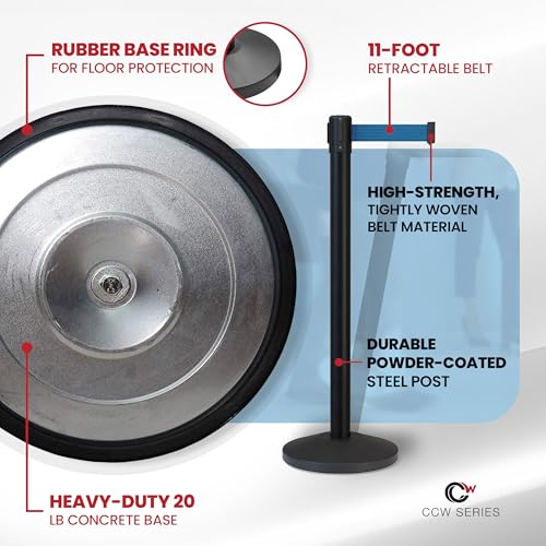 CCW Series RBB-100 2-Pack Retractable Belt Barrier Stanchions, 11 Ft Blue - color: Blue Belt wit Black Post