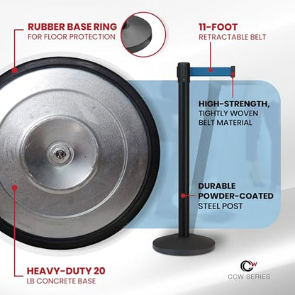 CCW Series RBB-100 2-Pack Retractable Belt Barrier Stanchions, 11 Ft Blue - color: Blue Belt wit Black Post