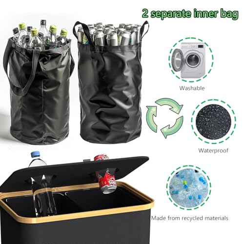 Recycling Bin Kitchen Indoor Home 40 Gallon 156L Recycle Bin with Lid 2 Removeable Reusable Inner Bag Bottle Can Glass Waste Plastice,Big Black - size: Black-40Gallon