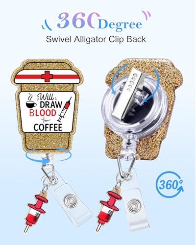 Plifal Nurse Badge Reel Holder Clip - Phlebotomist Blood Coffee Retractable ID Name Card Badge Reel with Charm Alligator Clip, Nurse Nursing Office Medical Worker Student Accessories Gifts - color: Phleb Coffee