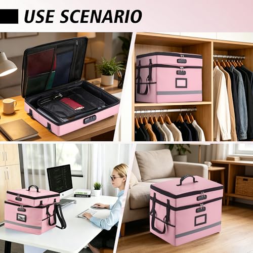 EXLIFBAG Fireproof File Organizer with Lock, 2 Layer - color: Pink, size: 2 Layer