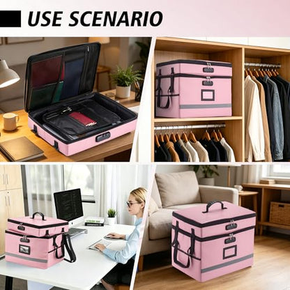 EXLIFBAG Fireproof File Organizer with Lock, 2 Layer - color: Pink, size: 2 Layer